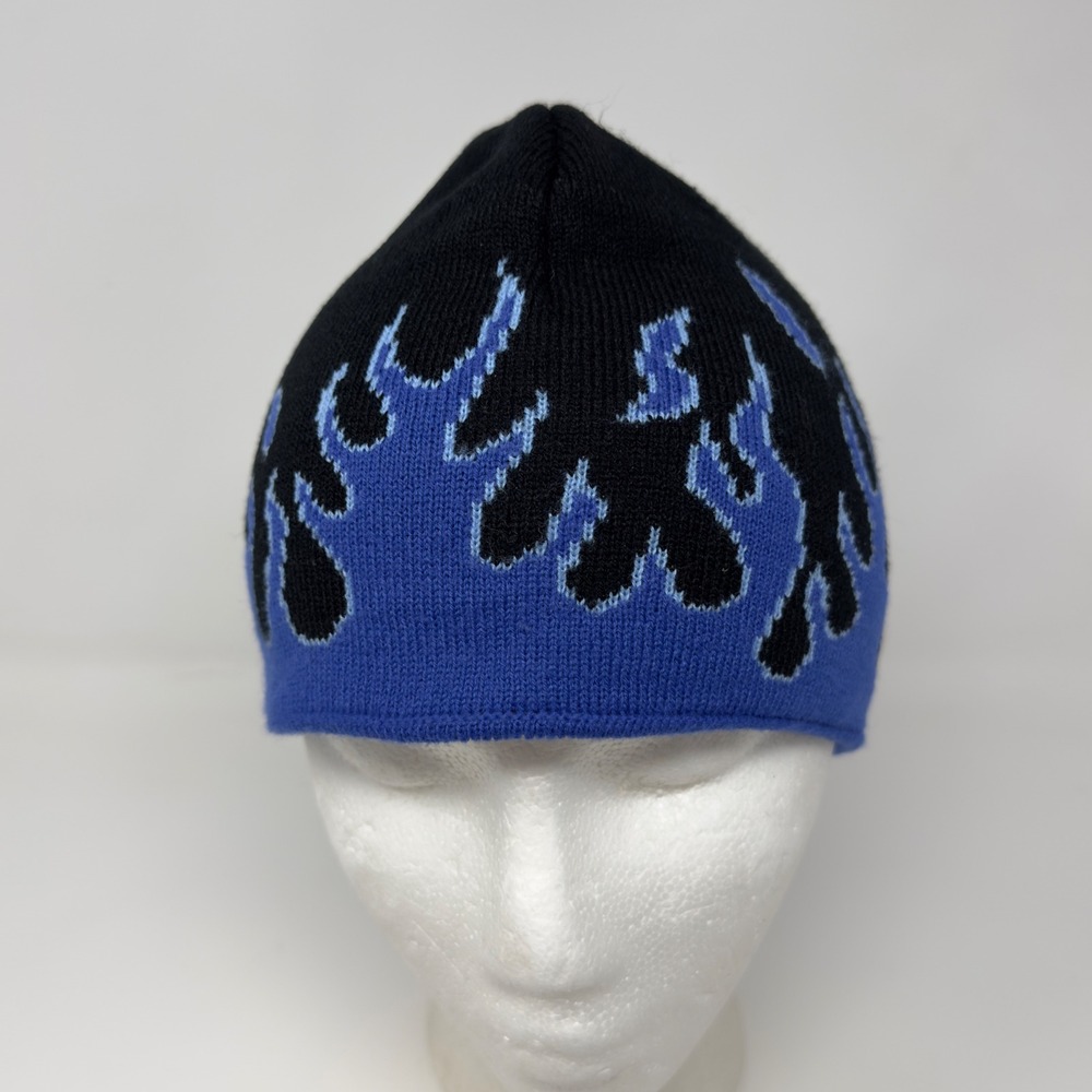 Youth Black Blue Flame Knit Beanie OSFM Youth Winter Hat Skater Style RN 17730